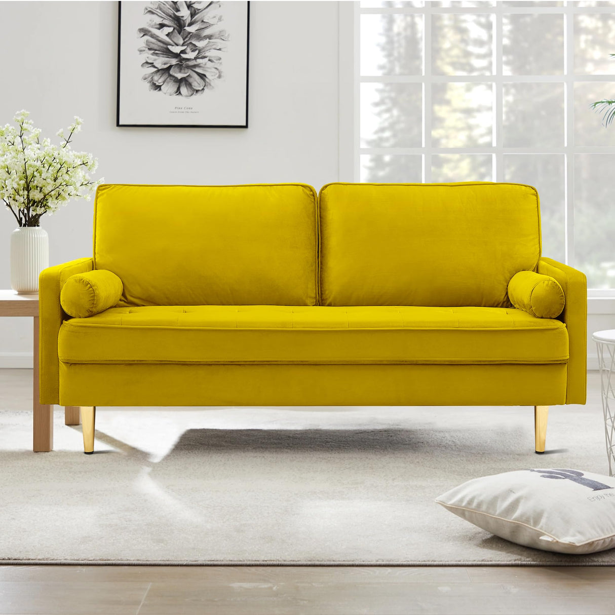 RXRRXY 67" Modern Velvet Loveseat Sofa Couch, Mid-Century Tufted Upholstered Small Love Seat Couch with 2 Pillows & 4 Golden Legs, 2-Seats Couches for Compact Space, Living Room, Apartment (Yellow) RXRRXY