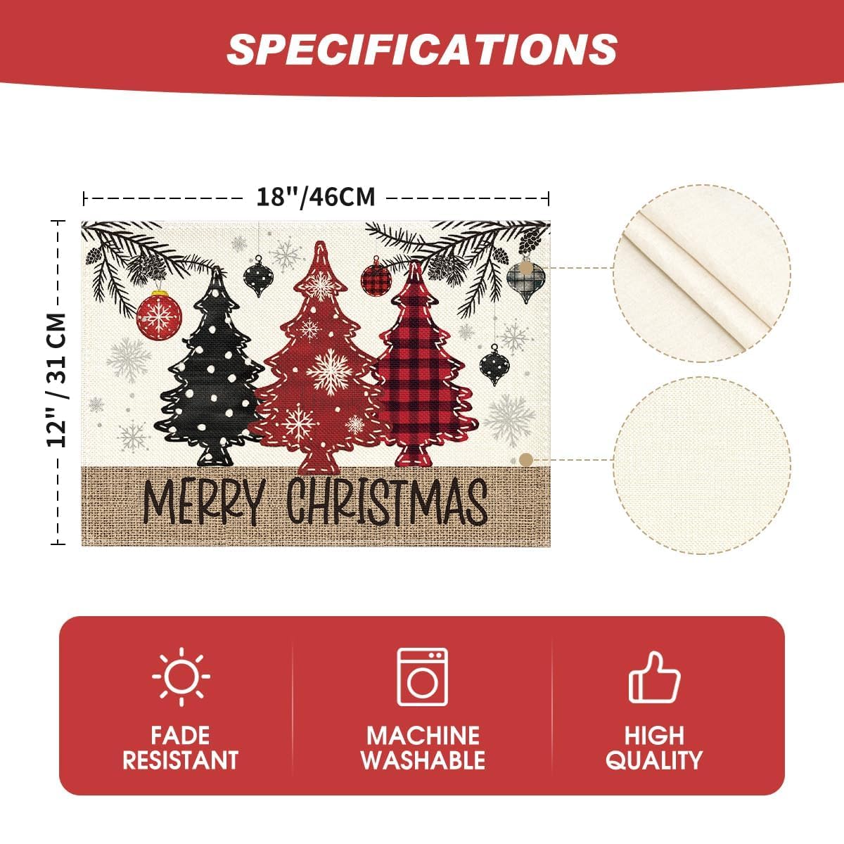 Artoid Mode Red Pine Trees Balls Merry Christmas Placemats Set of 4, 12x18 Inch Winter Xmas Table Mats for Party Kitchen Dining Decoration Artoid Mode