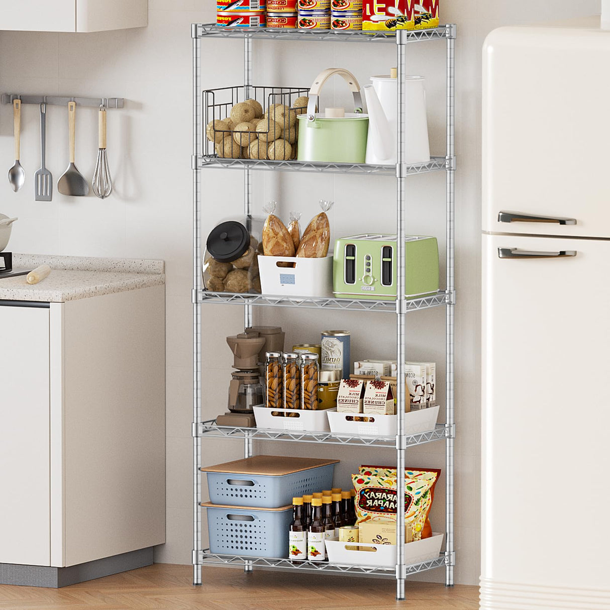 Storage Shelves,21.3"W*11.8"D*58.5"H Kitchen Wire Shelving Unit Loads 550LBS,5-tier Adjustable Metal Utility Shelf,Garage Shelves,Home Storage Rack for Kitchen,Laundry,Pantry and Closet,Chrome ROOMTEC