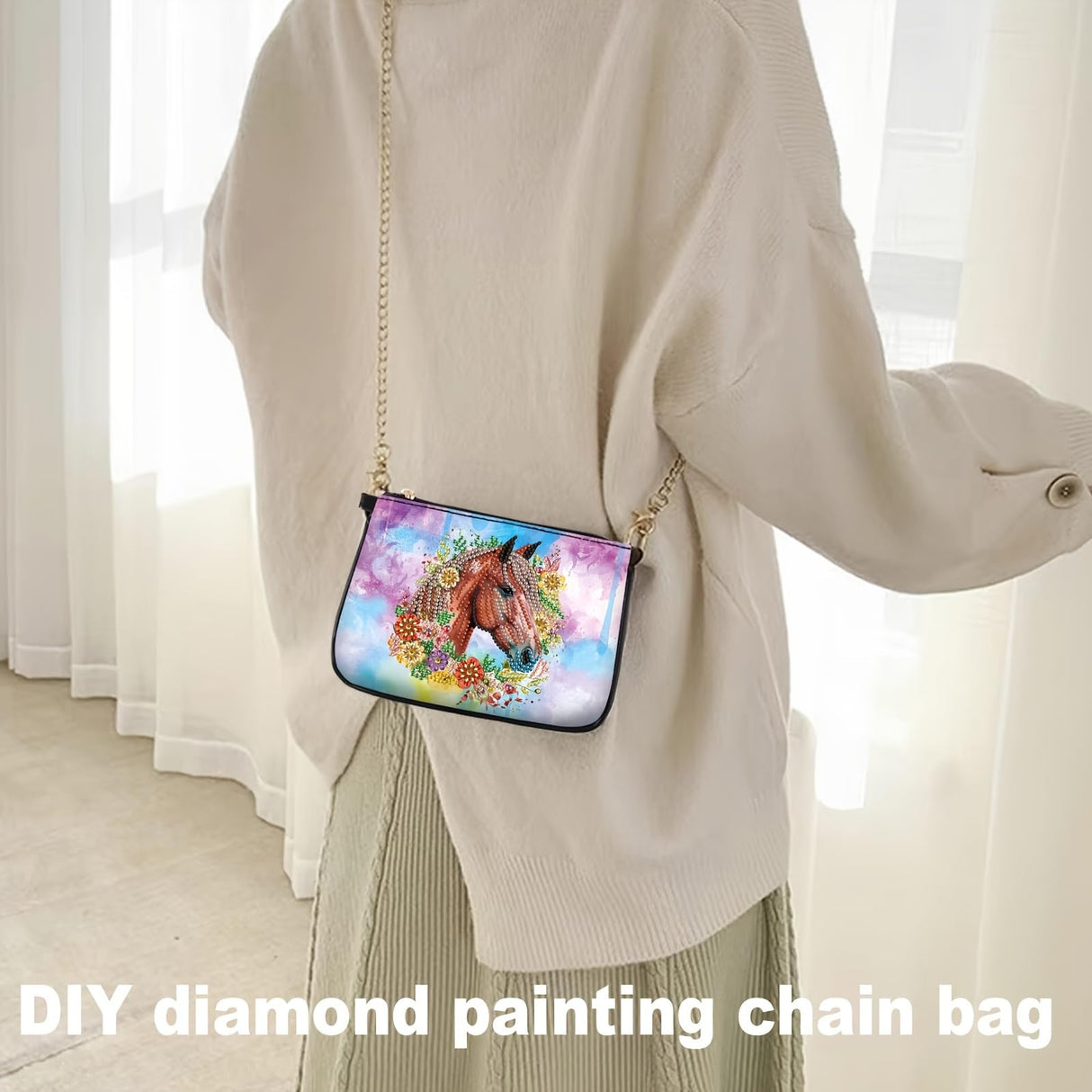 MVVMTOP Diamond Painting Bag 5D DIY Handbag Horse and Flower Painting Kit Special Shape Crystal Artificial Diamond Painting Handbag Diamond Art Ladies Chain Bag Arts and Crafts Gift MVVMTOP