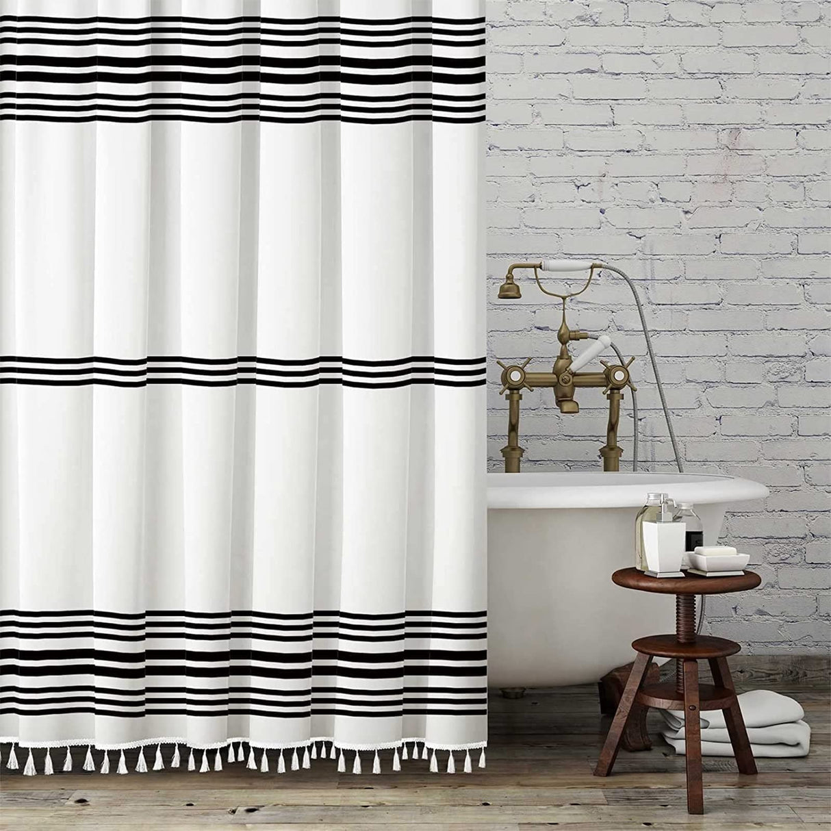 Seasonwood Black and White Shower Curtain with Tassels,Farmhouse Fabric for Bathroom,Heavy Weighted, 72 x 72 Seasonwood