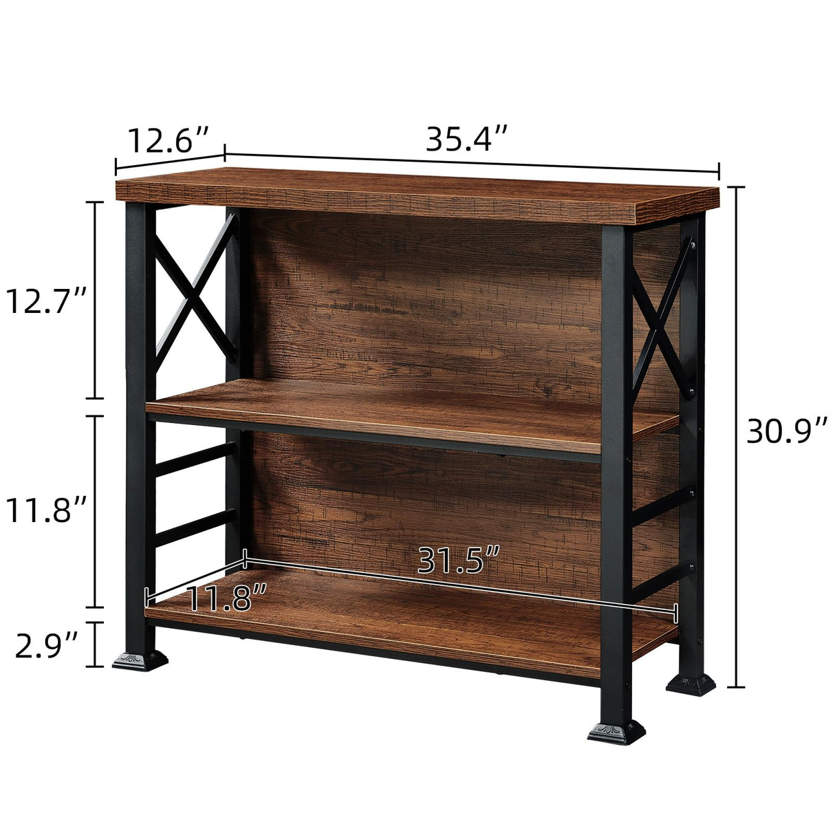 HOMBAZAAR Book Shelf,3 Tier Small Bookshelf with Metal Frame and Backboard,Rustic Brown Deep Bookcase with Engineered Wood Shelves,Short Shelf Bookcase for Living Room,Bedroom and Office HOMBAZAAR