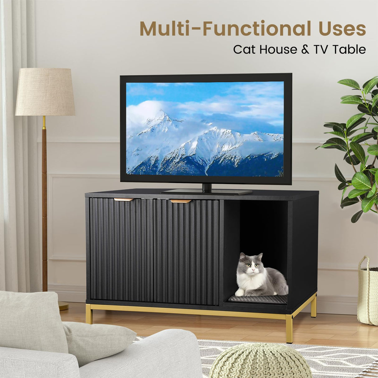 QuicMiou Cat Litter Box Enclosure, Hidden Litter Box Furniture with Metal Legs, Side End Table Indoor Cat House Storage Cabinet 31.5 x 19.7 x 20 Inches (Black + Gold) QuicMiou