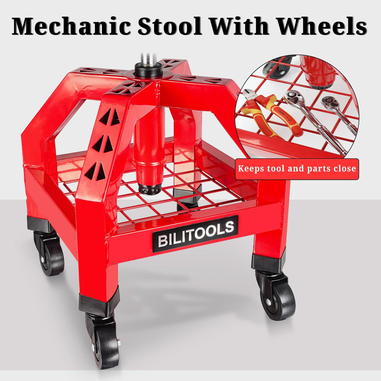 BILITOOLS Rolling Shop Stools with Wheels, Adjustable Garage Mechanic Stool 16" Oversized Seat & Backrest, 300 LBS Shop Chair for Garage with Wheels Heavy-Duty 360° Swivel Tool Tray Storage BILITOOLS