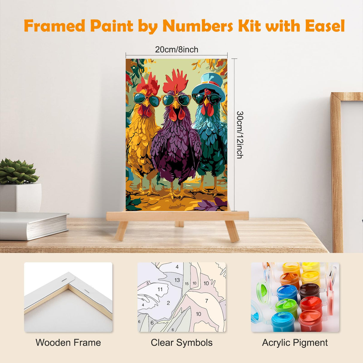 MOGTAA Chicken Paint by Numbers Kit for Adults Beginners with Frame, Animal Adult Paint by Number Kits on Canvas with Easel, Easy DIY Oil Painting Kits for Home Decor, 8x12in MOGTAA