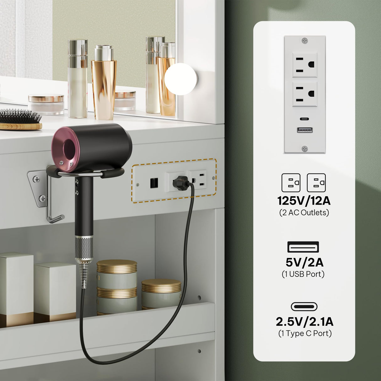 YITAHOME Vanity Desk with Mirror and Lights, Makeup Table with Charging Station, Large Vanity Set with 4 Drawers, Cute Makeup Desk with 6 Storage Shelves, White YITAHOME