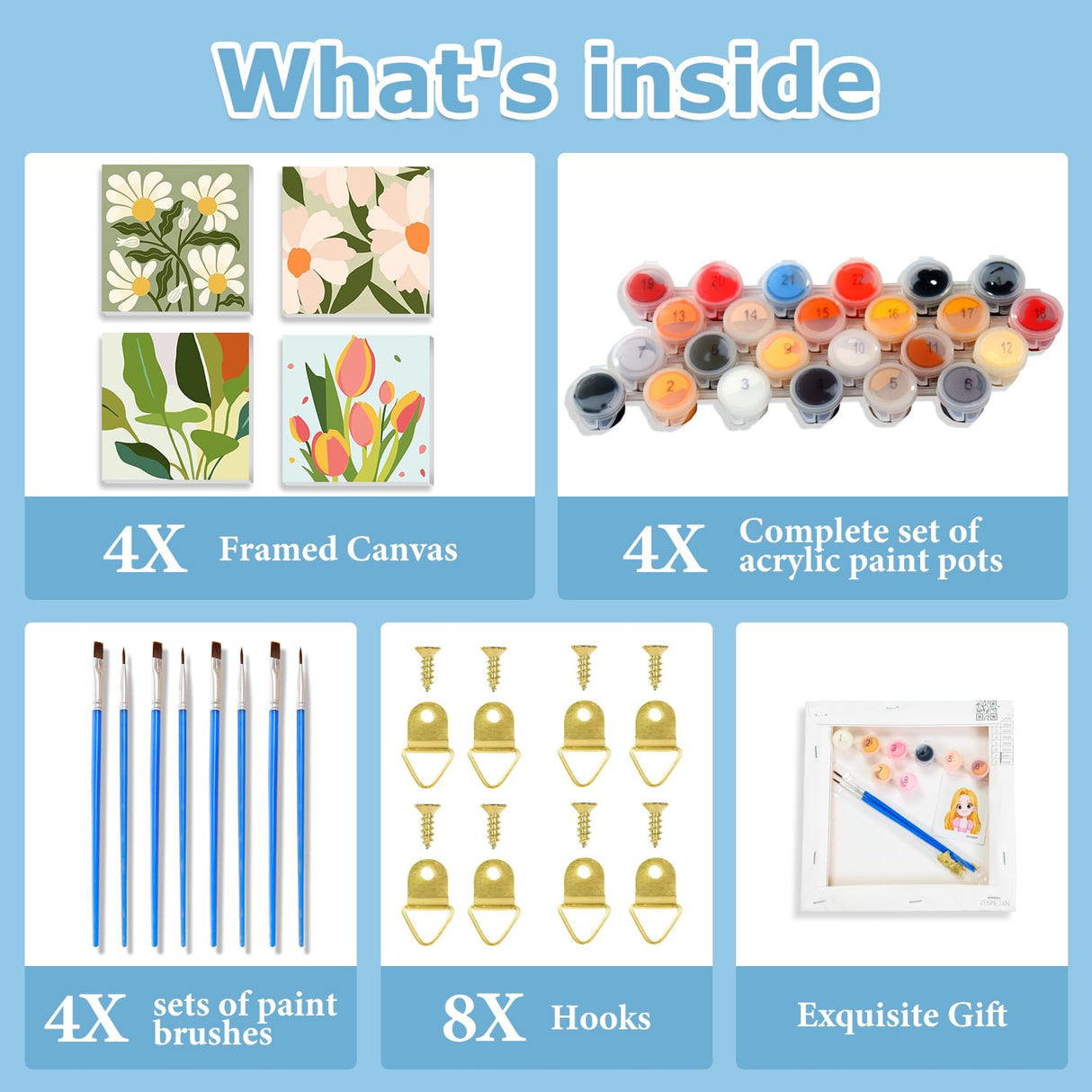 hkejoi 4 Pack Flowers Paint by Numbers Kit for Adults Framed - Small Easy Adult Paint by Numbers Kits, Acrylic Oil Painting Perfect for Home Wall Decor 8X8 Inch hkejoi