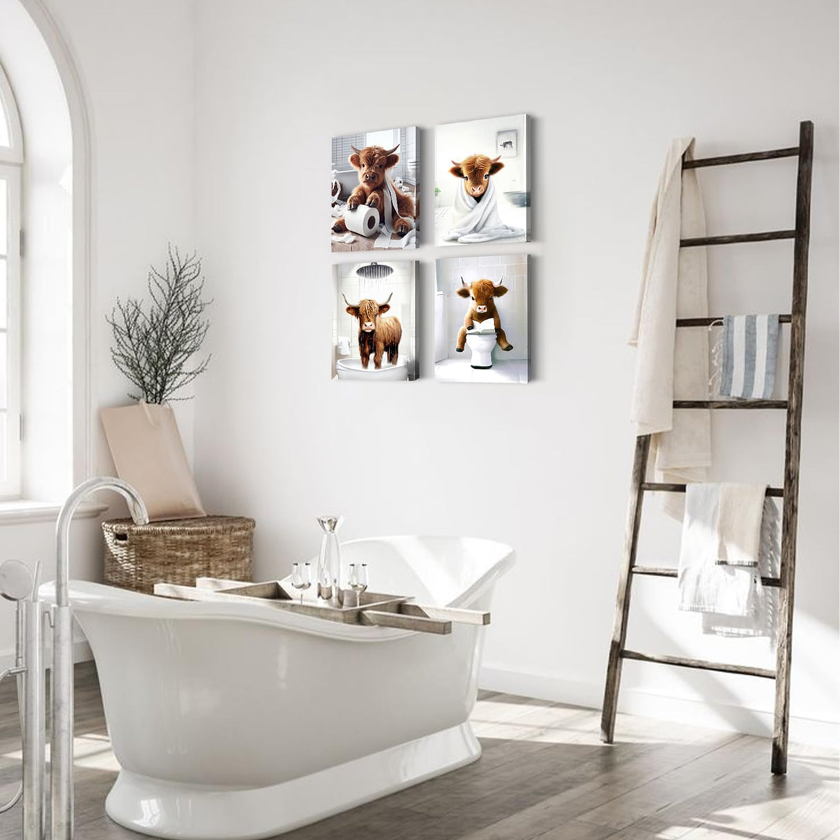 Framed Bathroom Decor Wall Art,Funny Highland Cow in Bathroom,Rustic Farmhouse Bathroom Wall Art,Funny Bathroom Wall Decor Signs,Cute Animal Art Prints for Bathroom(Framed,8x10inx4pcs) TWNSLLA