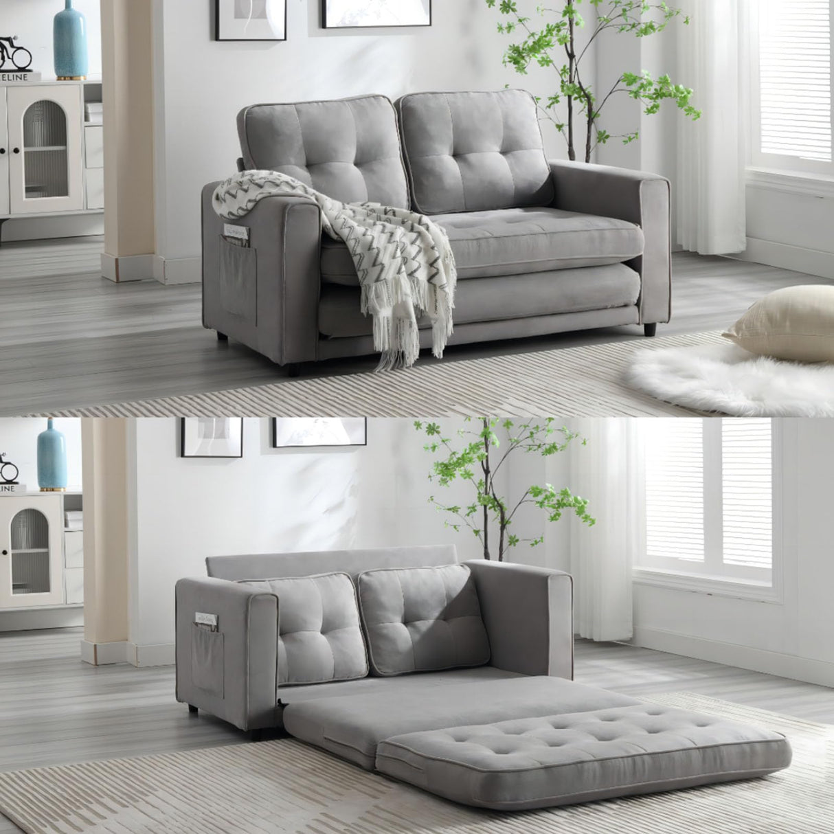 MWrouqfur Folding Futon Sleeper Sofa with Pull Out Couch Bed,Modern Velvet Loveseat Sleeper Convertible to Full Size Floor Couches Bed for Living Room Bedroom Small Space (Gray) MWrouqfur