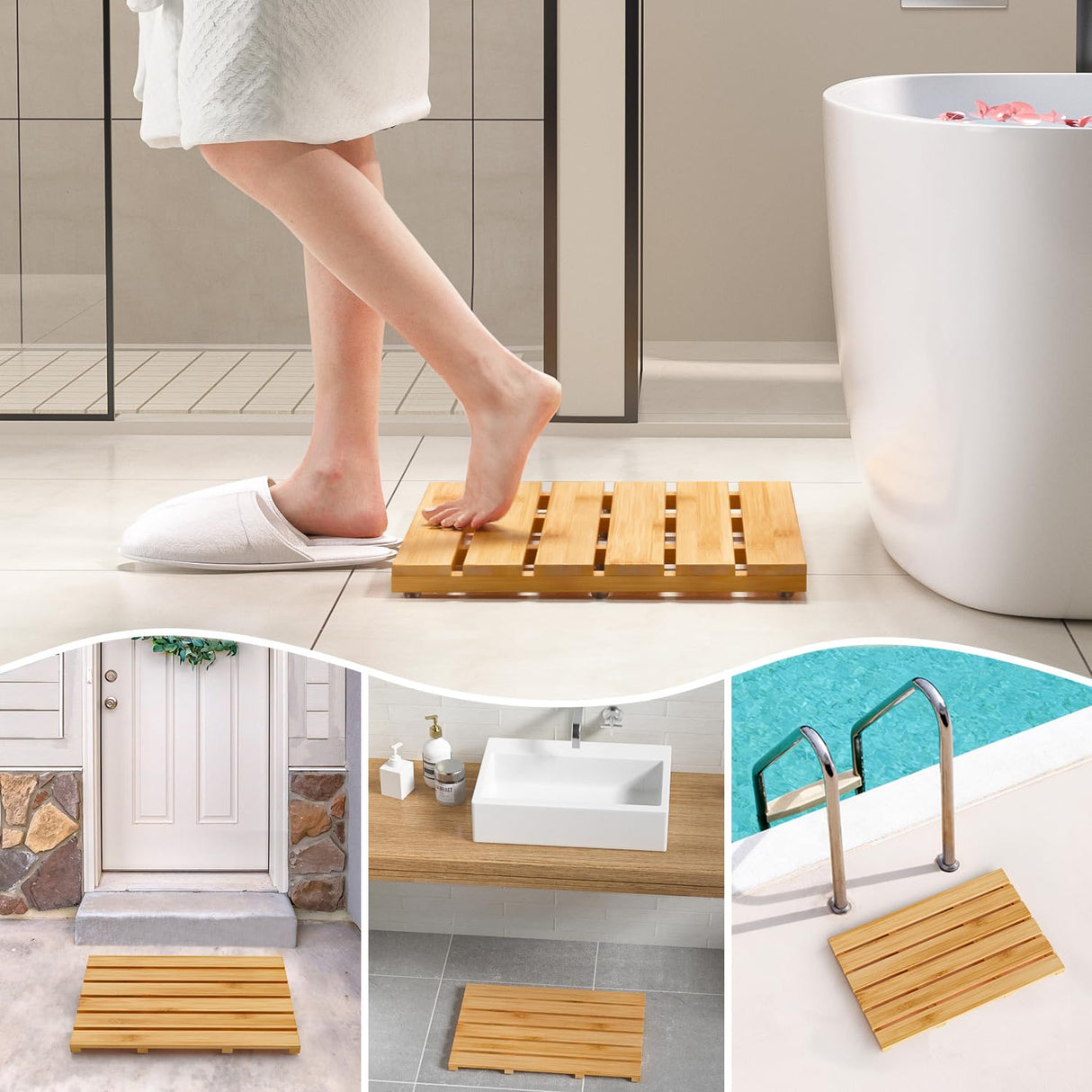 Domax Bamboo Bath Mat for Bathroom - Shower Mat Non Slip Waterproof Wooden Shower Floor Mat for Doorway Sauna Spa Yard Patio Pool Outdoor Use (Natural, 21.26 x 14.17 x 1.3 Inch) Domax