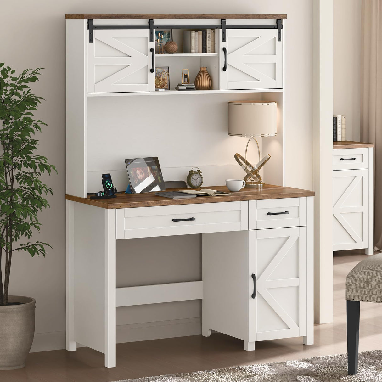 Farmhouse 47" Executive Desk, Computer Desk with Drawers and Storage Cabinet, Workstation Computer Desk with Hutch for Home Office Halitaa