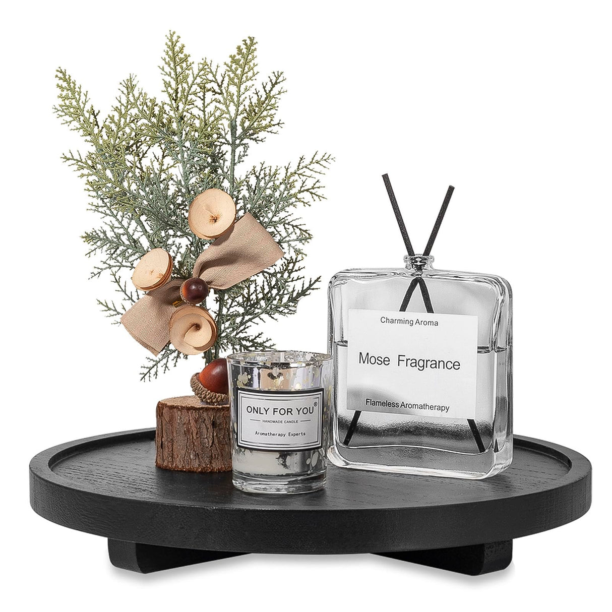 Round Decorative Tray Wood Bathroom Counter Organizer Farmhouse Kitchen Decor Wooden Riser for Soap Dish, Perfume, Candle, Sponge, 11" - Black zoocatia