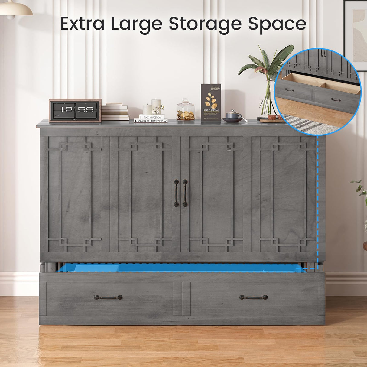 PUREMIND Queen Murphy Bed Cabinet with Mattress Included, Cabinet Beds with Storage Drawers, Murphy Chest Bed with USB Charging Station, Horizontal Murphys Wallbed for Bedroom, Guest Room PUREMIND