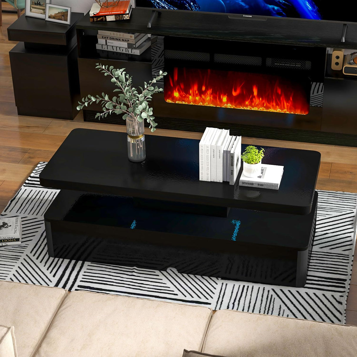 oneinmil 4-Piece Table Set Includes A Modern Coffee Table, A 70 Inch TV Stand with 36 Inch Electric Fireplace and 2 LED Light Nightstands, Elegant Black Tables for Living Room, Bedroom, Black oneinmil