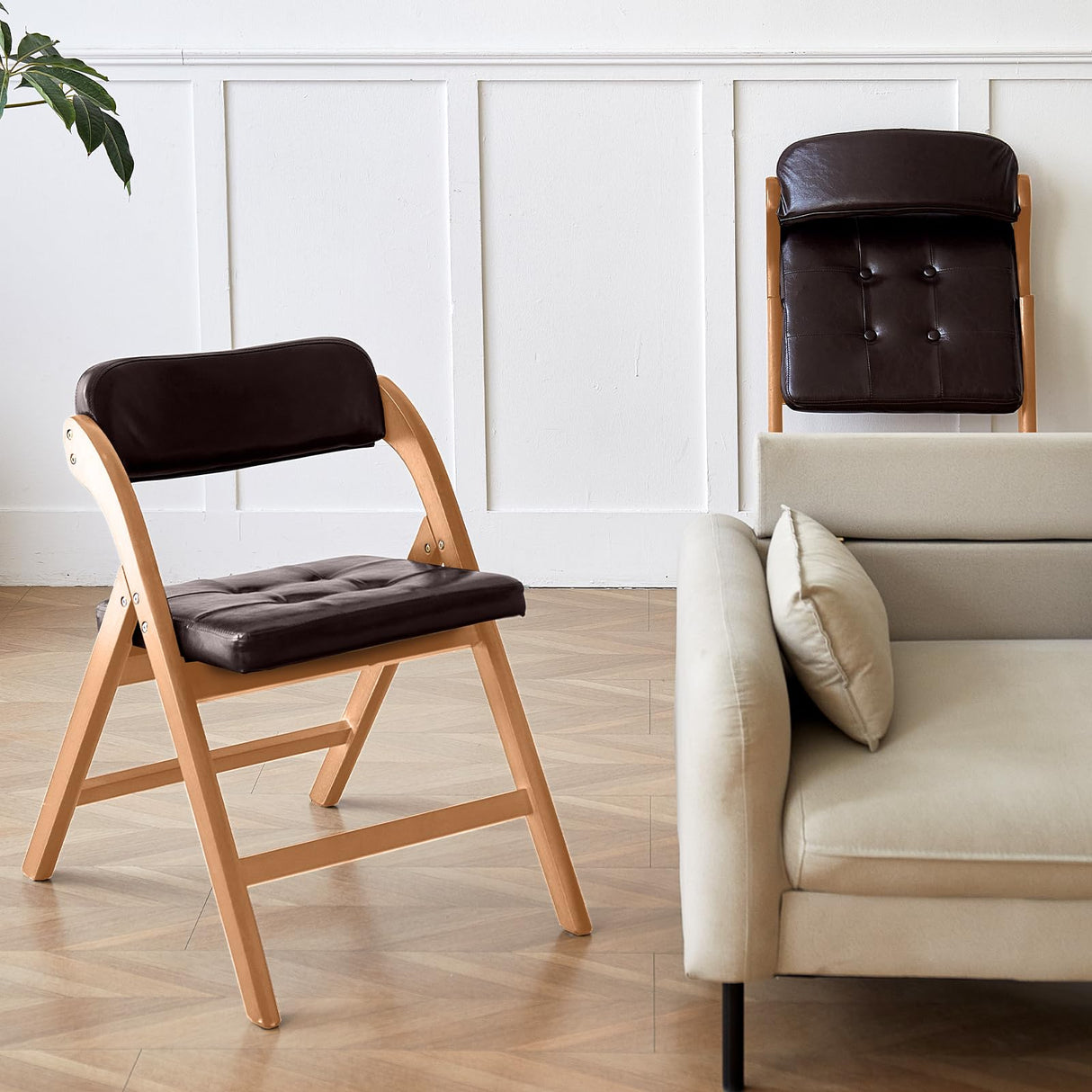 ALeesing Folding Chairs with Padded Seats, Wooden Folding Chairs Set of 2, 31" Stackable Folding Dining Chairs, Folding Extra Chair for Guests Kitchen, Bedroom, Living Room, Party Chairs, Wood Brown ALeesing