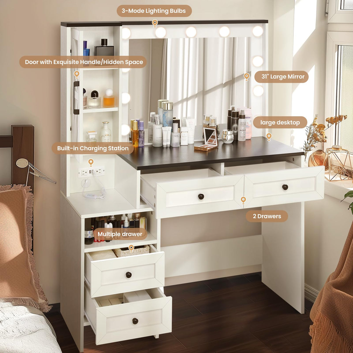 elifine Vanity with Lighted Mirror - Farmhouse Makeup Vanity Desk with 4 Drawers, 1 Cabinet and Power Outlet, 3 Color Lighting Modes Adjustable Brightness elifine