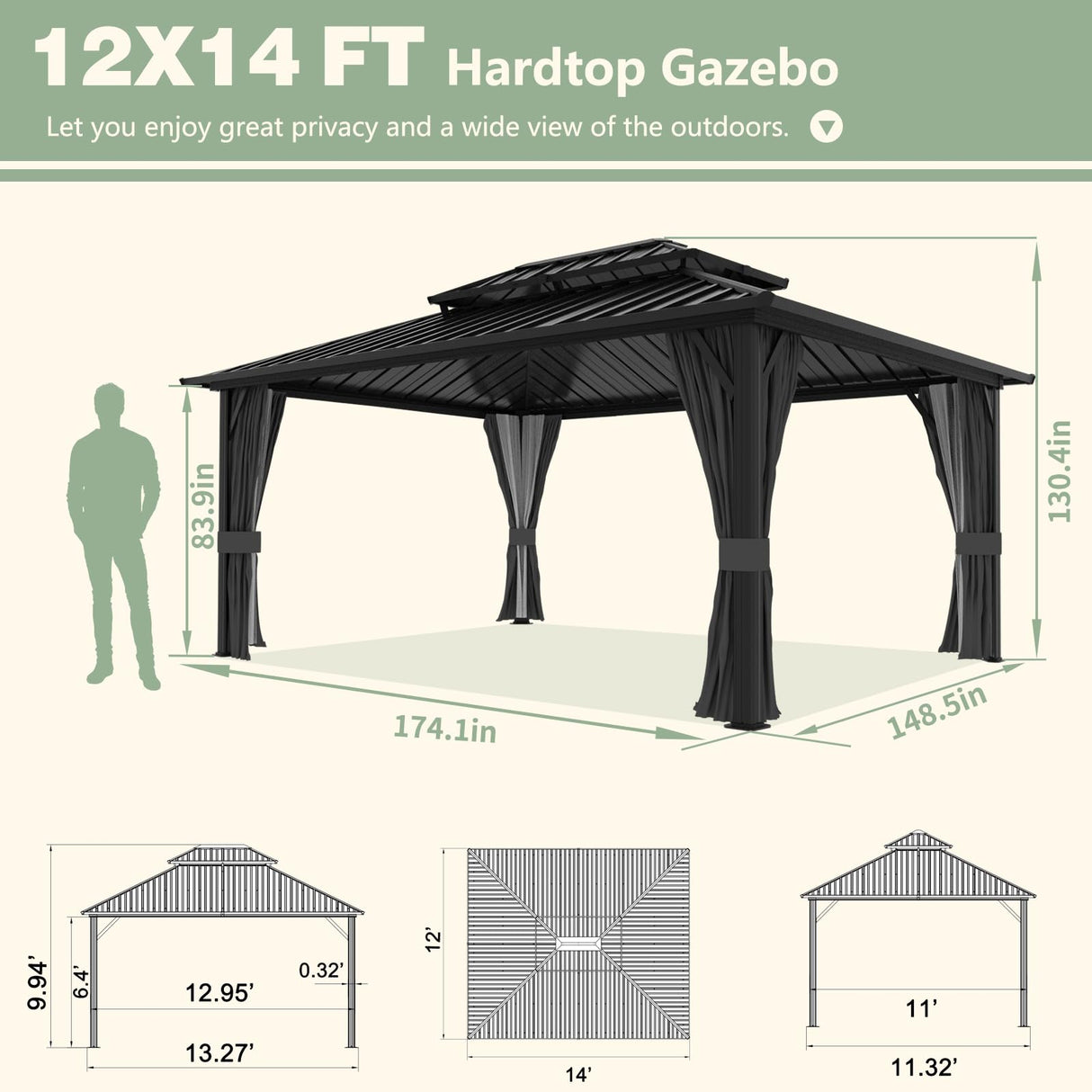 Yardenaler 12x14 FT Hardtop Gazebo Canopy with Double Galvanized Steel Roof, Permanent Outdoor Pavilion with Curtain & Mesh Netting for Patio. Garden, Backyard, Black Yardenaler