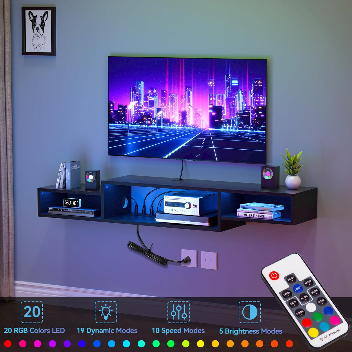 FABATO 59'' Floating TV Stand with LED Light Power Outlet, Floating Shelf for Under TV Wall Mount with Storage Shelf, Media Console Entertainment Center for Living Room, Black FABATO