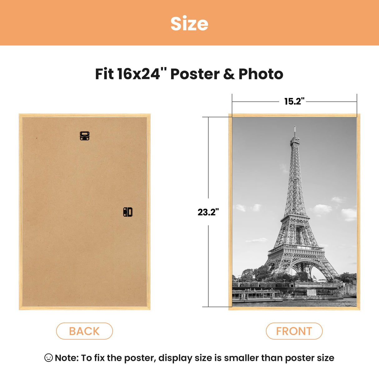 upsimples 16x24 Picture Frame Natural 3 Pack, Scratch-Proof Poster Frames 16 x 24 for Photo Gallery - Slide-In Strips, Horizontal or Vertical Wall Mounting upsimples