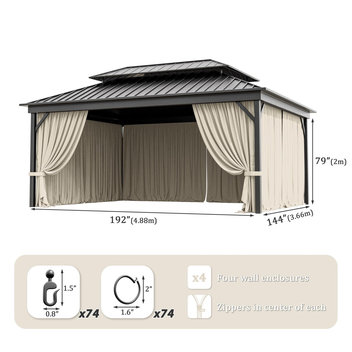 12'x16' Gazebo Curtains Outdoor Waterproof with Hanging Rings, 4-Panel Double Zipper Sidewalls Universal Replacement Privacy Curtain, Outdoor Gazebo Curtains for Patio, Backyard(Curtains Only) Snubbull