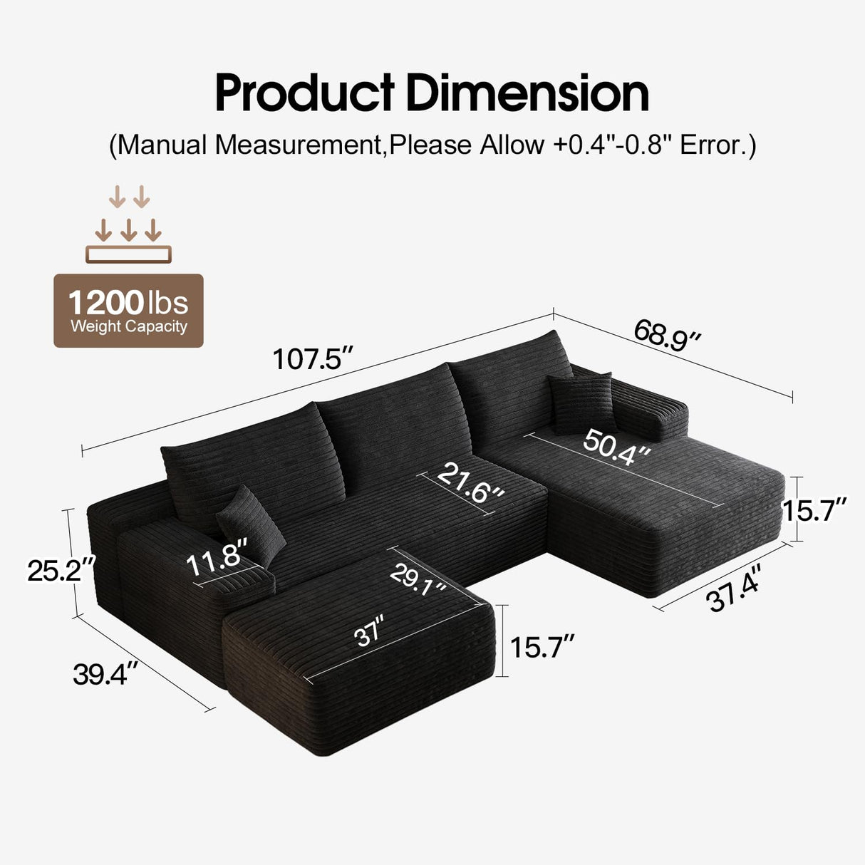 107" Comfy U-Shaped Sectional Modern Boneless Corduroy Couch with Chaise and Ottoman - No Assembly Required! Deep-Seat, Upholstered Modular Cloud Sofa for Living Room, Plush Corduroy Fabric(Black) COZYCC