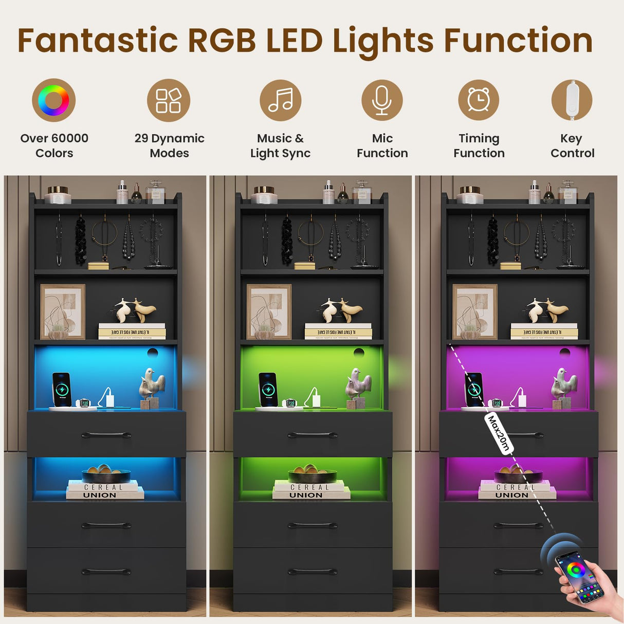 Tall Black Nightstand Set with LED Lights, Charging Station, and Bookshelf - Modern Storage Solution for Bedrooms VIAGDO