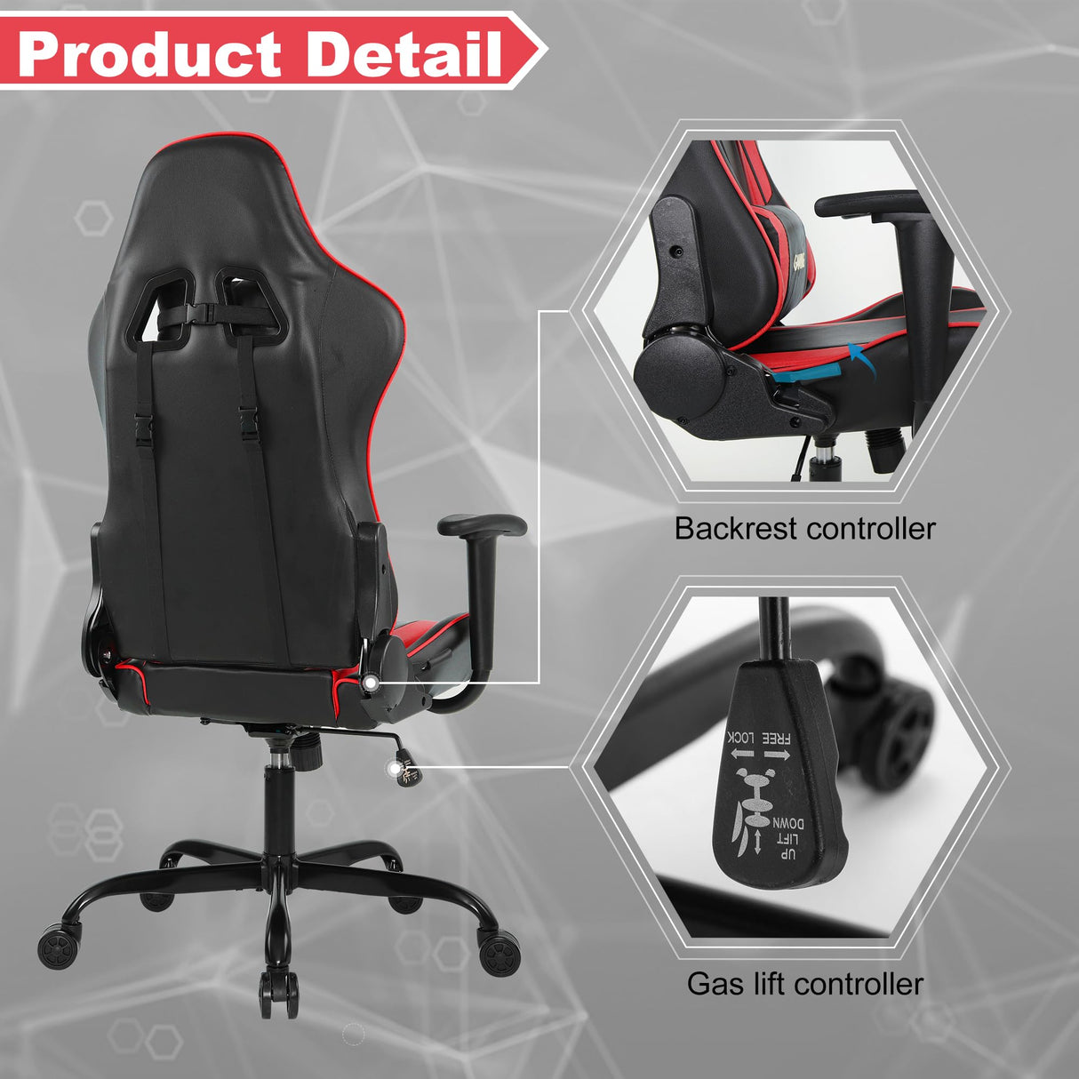 GOTMINSI Computer Gaming Chair with Headrest and Lumbar Cushion, Ergonomic Gaming Chair Office Chair 290lbs for Adults, Video Game Chairs Racing Chair High Back Leather Adjustable, (BK/Red) GOTMINSI