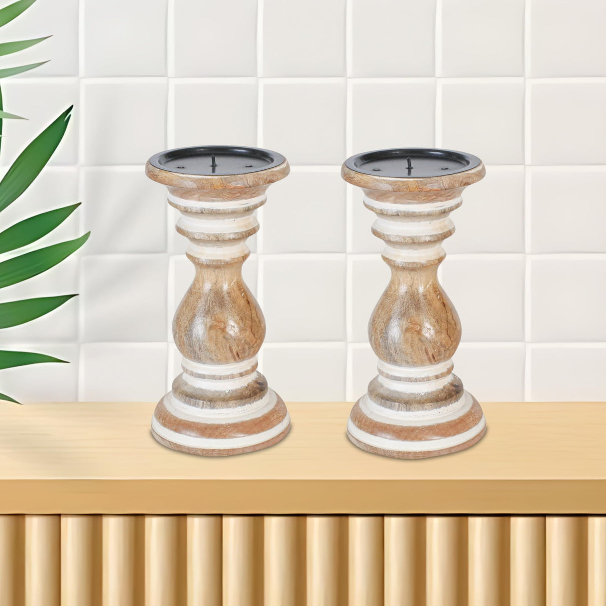 White Wooden Candle Holder,Candle Holder,Wood Candle Holder,Candle Holders,Farmhouse Candle Holder,Candle Holder Set of 2,Wood Pillar Candle Holder,Height 6 inch Set of 2, White Wash Light & Pro