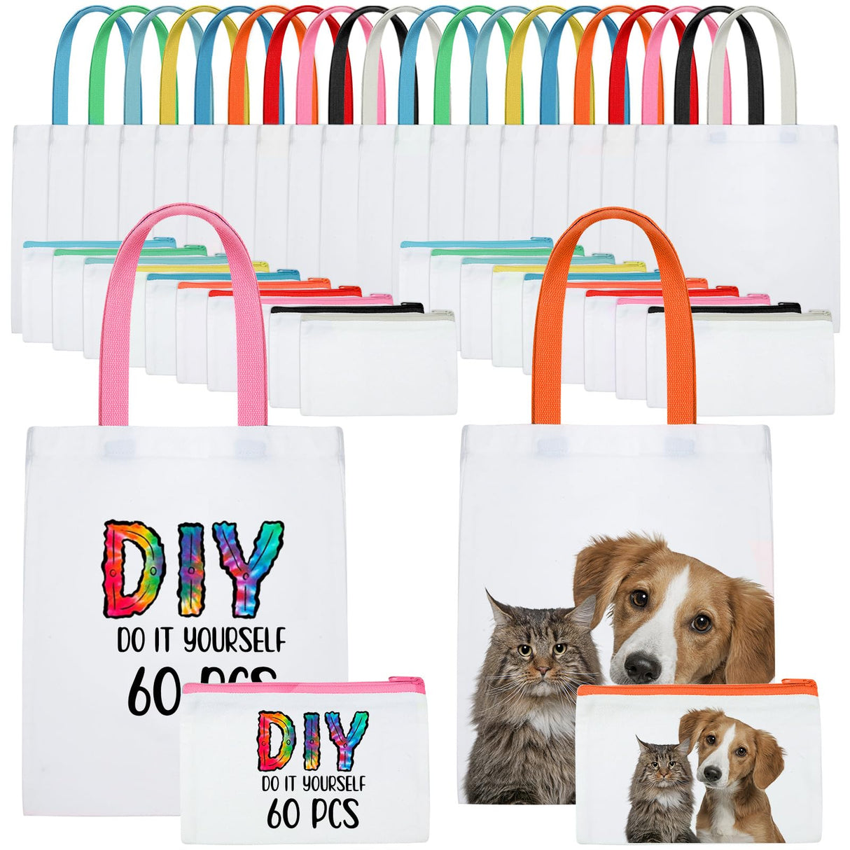 Sweetude 60 Pack Sublimation Canvas Tote bags Cosmetic Bags Bulk Reusable Blank Grocery Bags Printing Heat Transfer Makeup Bags Shopping Bags for DIY Craft Valentine Wedding Gift Sweetude