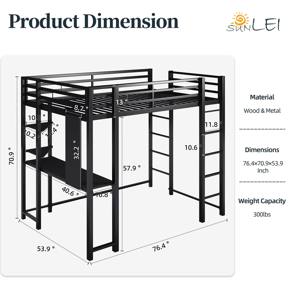 SUNLEI Loft Bed Full Size with Desk and Safety Guard Rail, Full Size Metal Bed Frame with Double Layer Shelves for Storage, No Box Spring Needed and 2 Security Ladders, Black SUNLEI