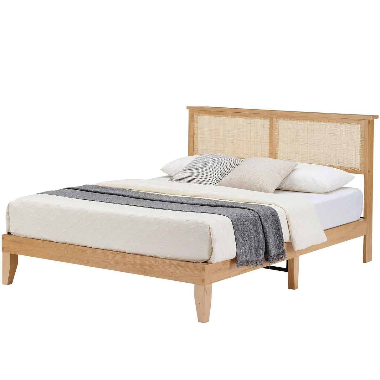 GarveeHome Rattan Bed Frame Queen, Natural Rattan Headboard Queen Bed Frame with Led Lights, Noise-Free Platform Bed Frame with Wooden Support Legs and Slats, Easy Assembly, No Box Spring Needed GarveeHome