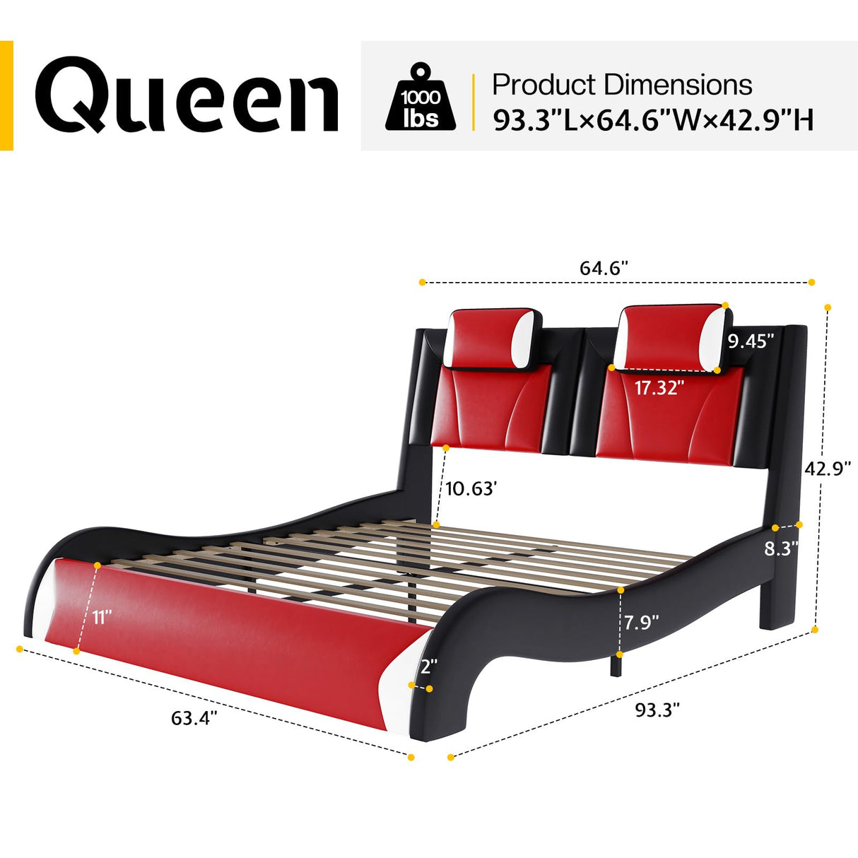 Jocisland LED Queen Bed Frame, Modern Faux Leather Upholstered Platform Bed, Wave Like Curve Design No Box Spring Needed, Red Jocisland