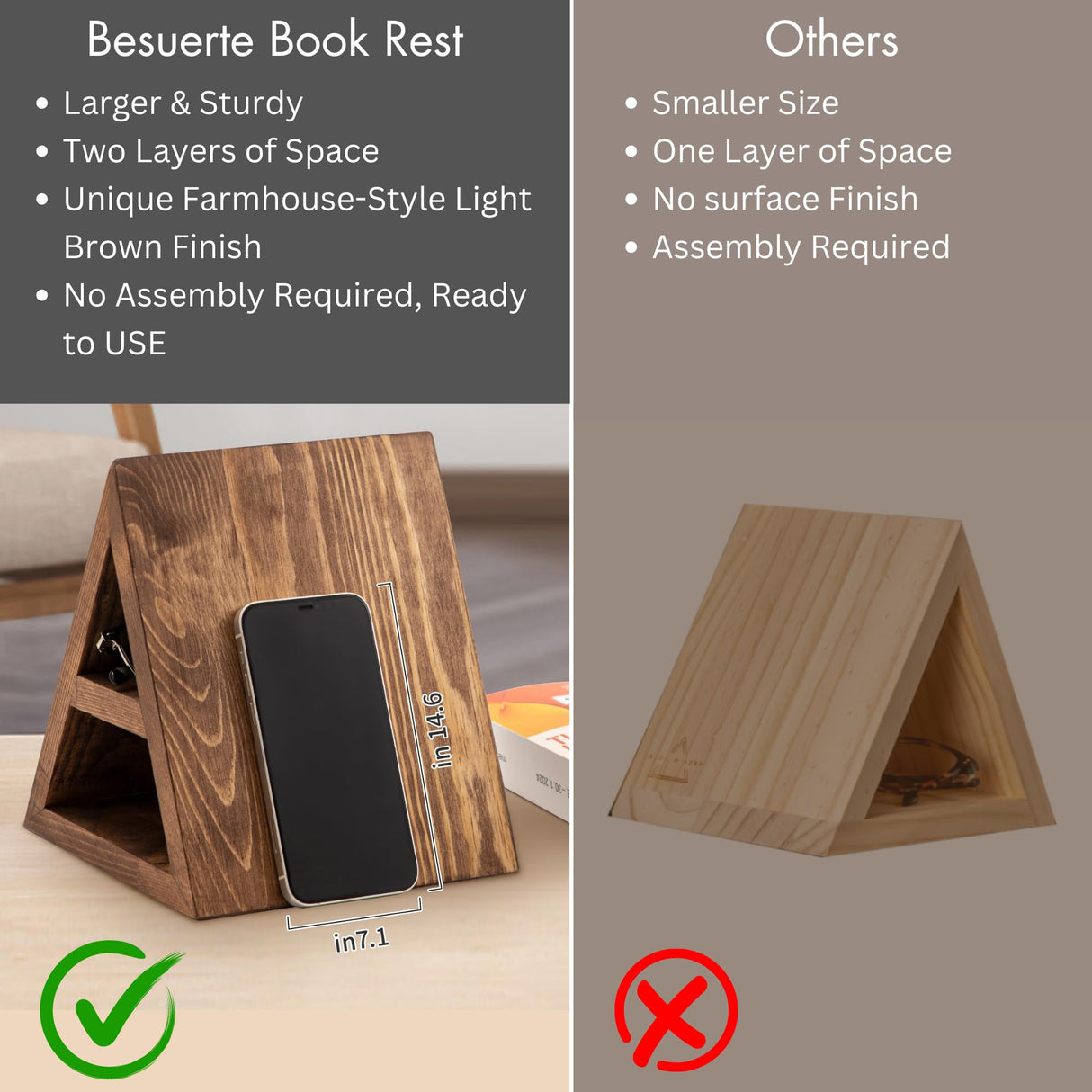 Besuerte Triangle Book Page Holder, Wooden Rest Stand, Assembly-Free Gifts for Lovers, Reading Valet, Bookstand for Bedroom, Living Room, Nook, Light Brown Besuerte