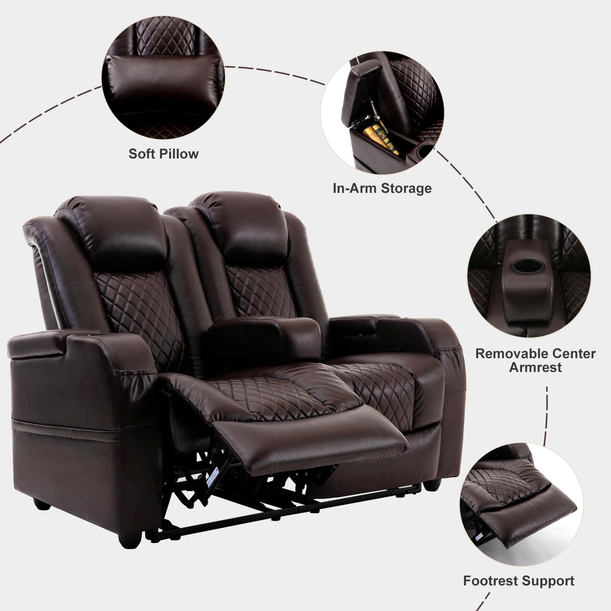 Attliahome 57" RV Loveseat Recliner, Double Recliner Furniture with 3 Arms and 2 Pillows, Wall Hugger Recliners & 135° Reclining Theater Seating (Brown PU Leather RV Couch) Attliahome