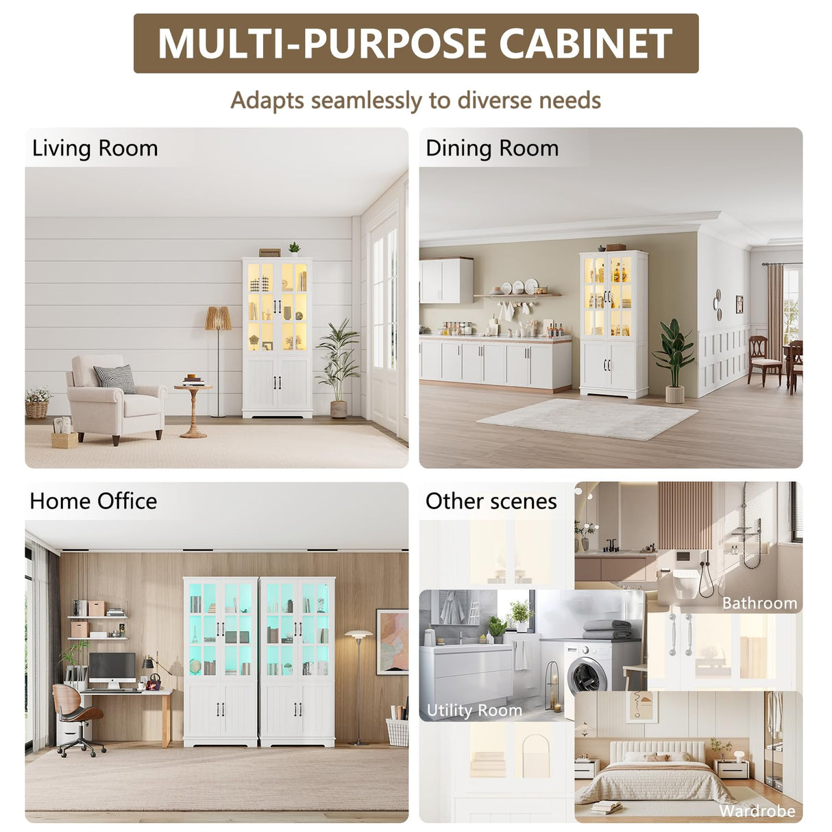 LUXOAK 71" White LED Storage Cabinet with Adjustable Shelves & 4 Doors - Perfect for Home Office, Dining Room, or Kitchen LUXOAK