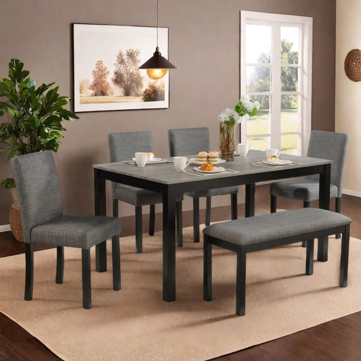 Trygoal Dining Table Set for 5, Modern 6 Piece Dining Room Table Set with Rectangular Table 4 Upholstered Backrest Chairs and a Bench, Counter Height Kitchen Sets with Wood Grain Surface, Black Trygoal
