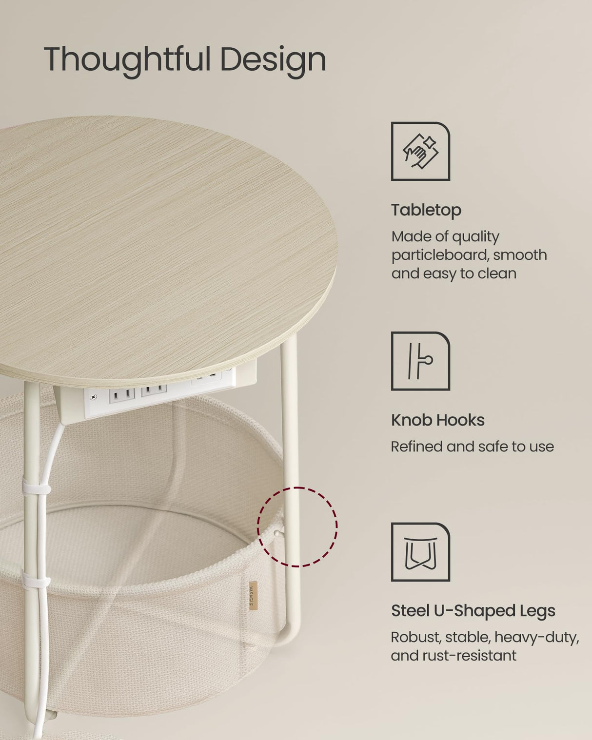VASAGLE Side Table with Charging Station, Round End Table, Nightstand with Power Outlets, USB Ports, Fabric Basket, Living Room, Bedroom, Modern, Cream White ULET228N01 VASAGLE