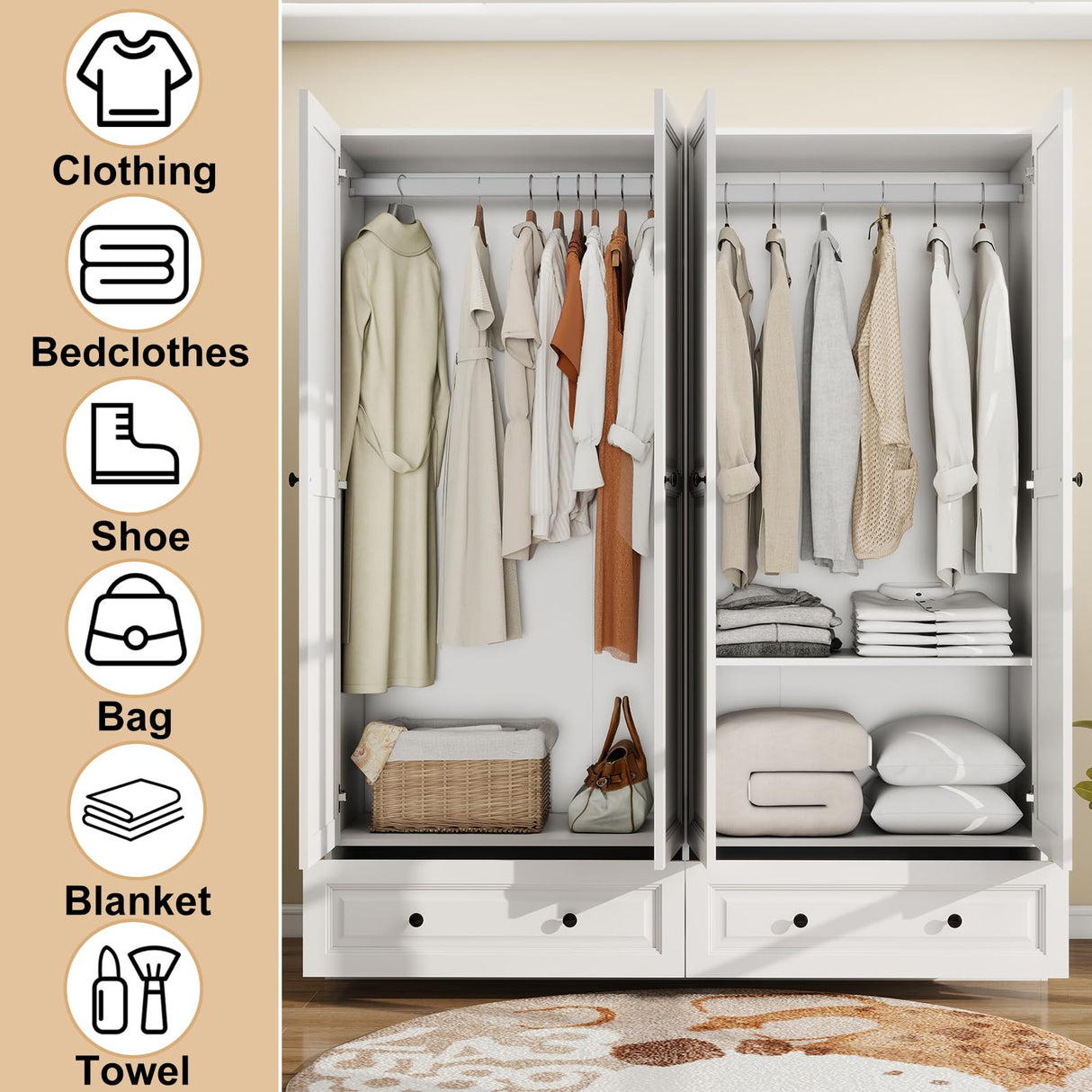 Vrmuxita Armoire Wardrobe Closet with Drawers: 74" White Tall Wooden Wardrobe Closet for Hanging Clothes, Large Bedroom Armoires with 2 Drawers, 4 Door Armoire Storage Cabinet (White, 63") Vrmuxita