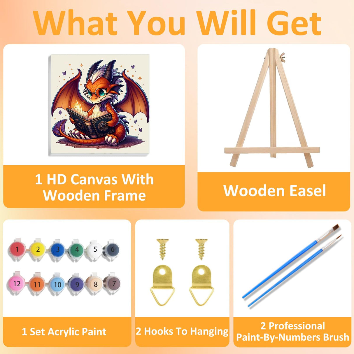 Mandun Paint by Numbers Kit for Kids with Frame, Dragon Paint by Numbers for Kids Ages 4-8-12, DIY Dragon Acrylic Oil Painting for Home Wall Art Decor Gift 7.8x7.8 inch (with Frame Easel) Mandun