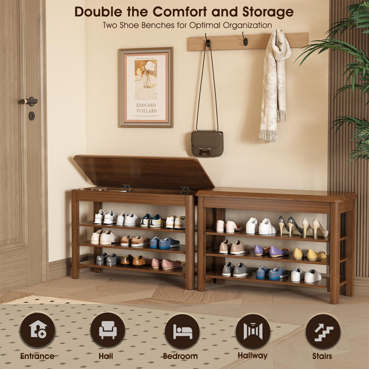 IUNVR Shoe Rack Bench Seat Rubberwood 3-Tier Wooden Storage Bench 550lbs Compact Mid-Century Modern Design for Entryway, Hallway, Closet, Front Door Entrance, Foyer IUNVR