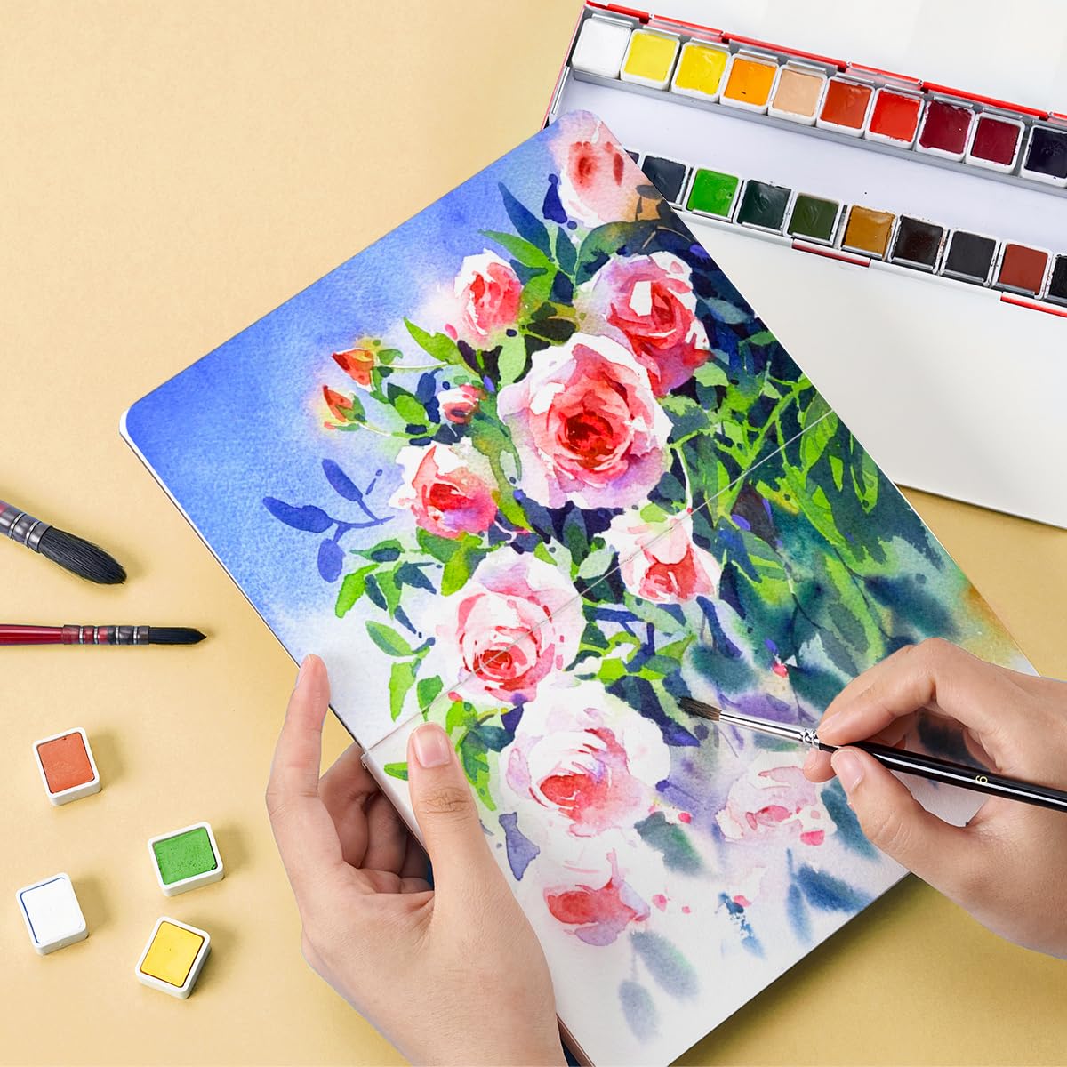 Lightwish Watercolor Journal, 100% Cotton Cold Press Watercolor Paper,140lb/300gsm Acid-Free, 24 Sheets 5.12x7.48” Sketchbook for Adults, Students LIGHTWISH