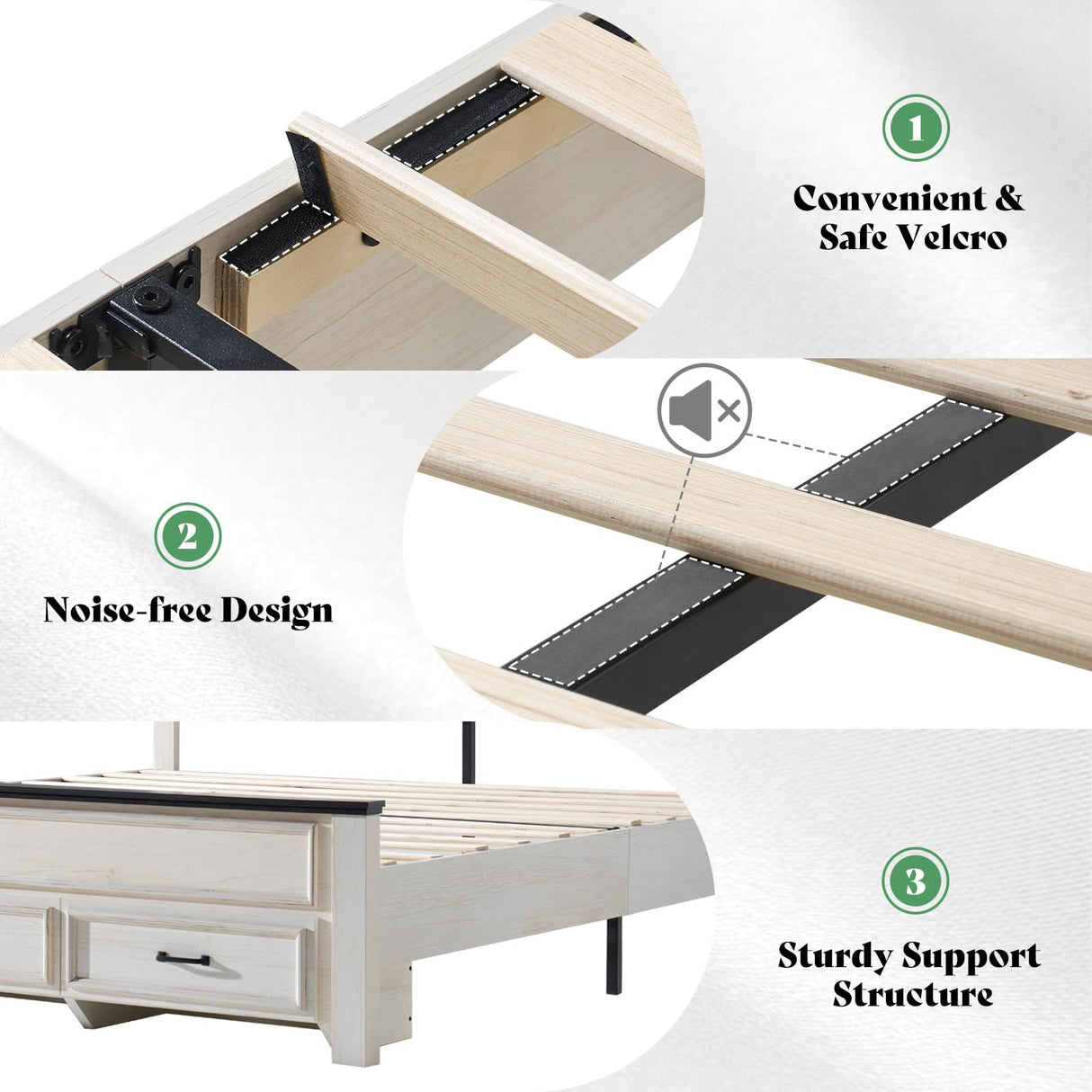 AMERLIFE King Size Bed Frame with 52.2" Tall -Panel Headboard & Footboard, Farmhouse Wood Platform Bed Frame with 3 Large Storage Drawers, Noiseless, No Box Spring Needed, Rustic White AMERLIFE