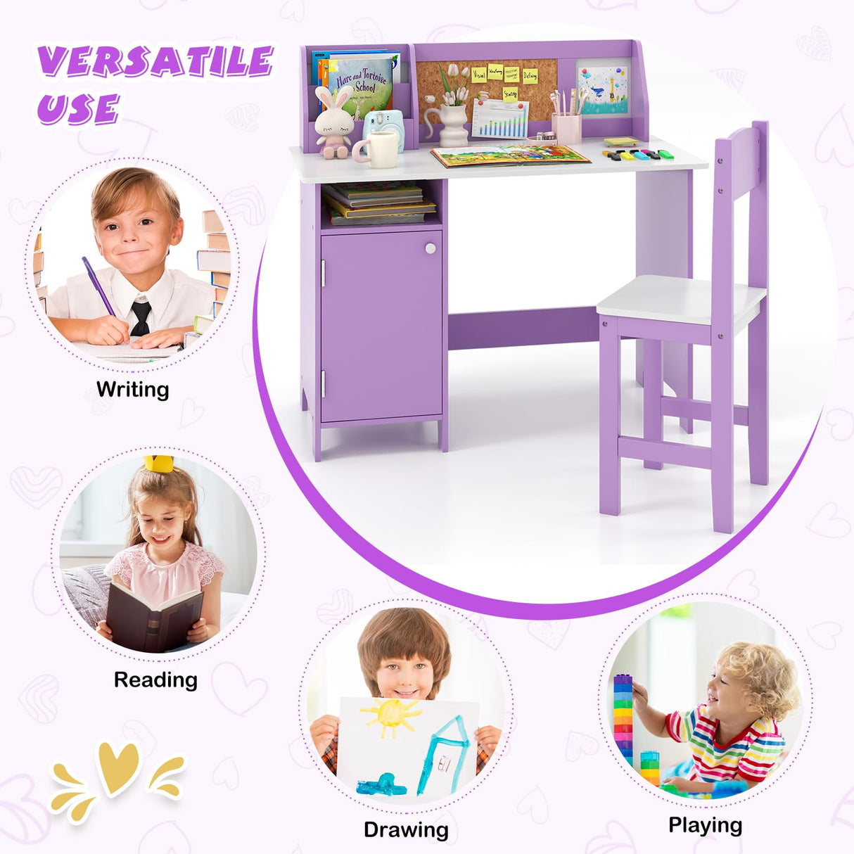 Costzon Kids Desk and Chair Set, Wooden Children Study Table with Storage, Hutch, Cork Bulletin Board, Whiteboard & Marker, Student Computer Workstation Writing Desk for Kids Bedroom, School, Purple Costzon
