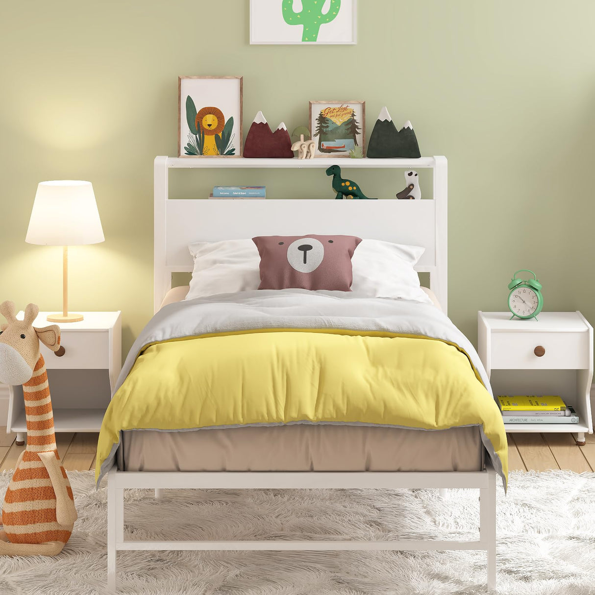 Weehom Twin Bed Frames for Kids, Twin Size Bed with 2 Tiers Wood Shelves Headboard No Box Spring Needed Easy Assembly Heavy Duty Metal Plaform, White Weehom