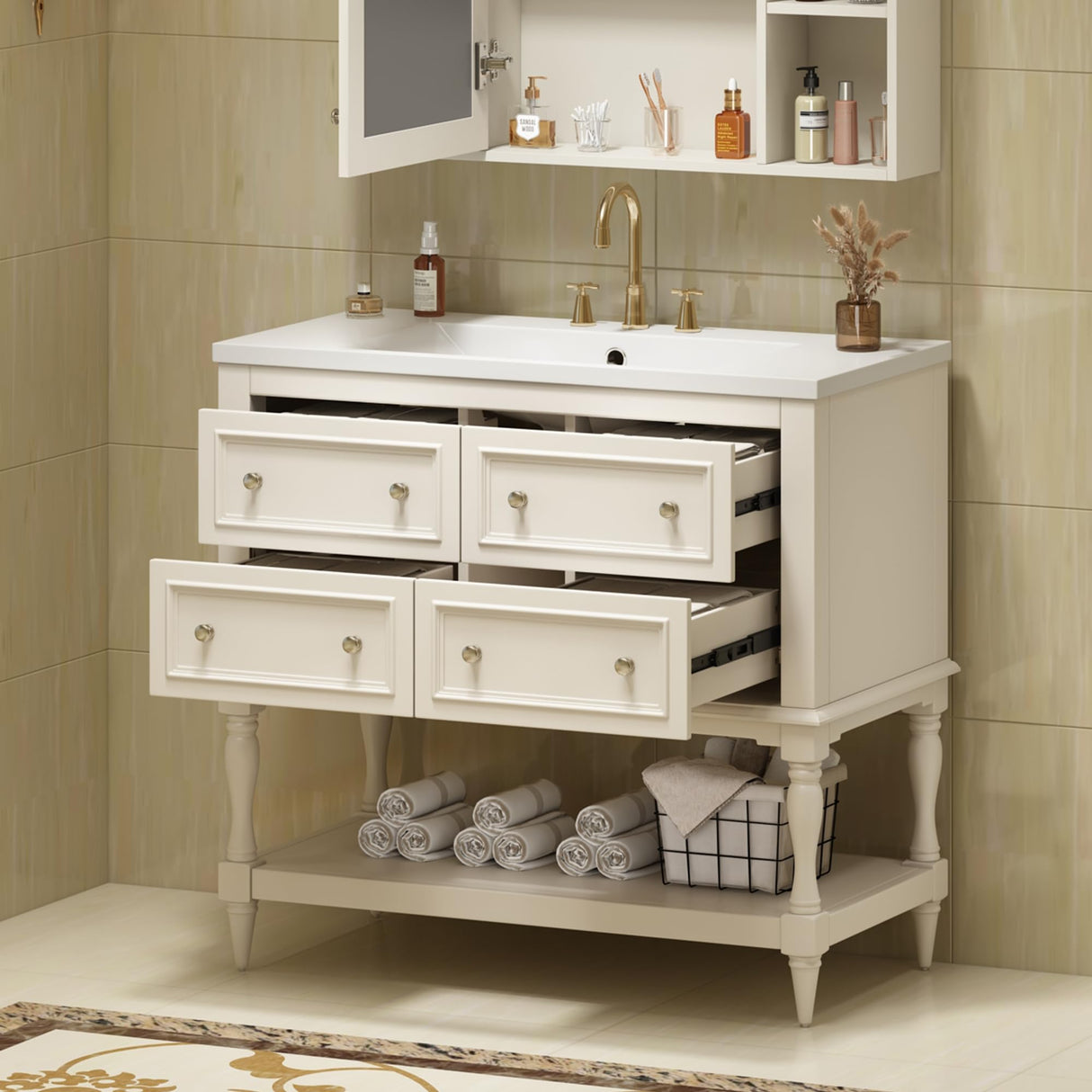 LUMISOL 36" Bathroom Vanity with Sink, Courtly Style Bathroom Vanities with 4 Drawers & Open Shelf, Single Bathroom Vanity with Undermount Sink, Solid Wood Bathroom Cabinet, Beige LUMISOL
