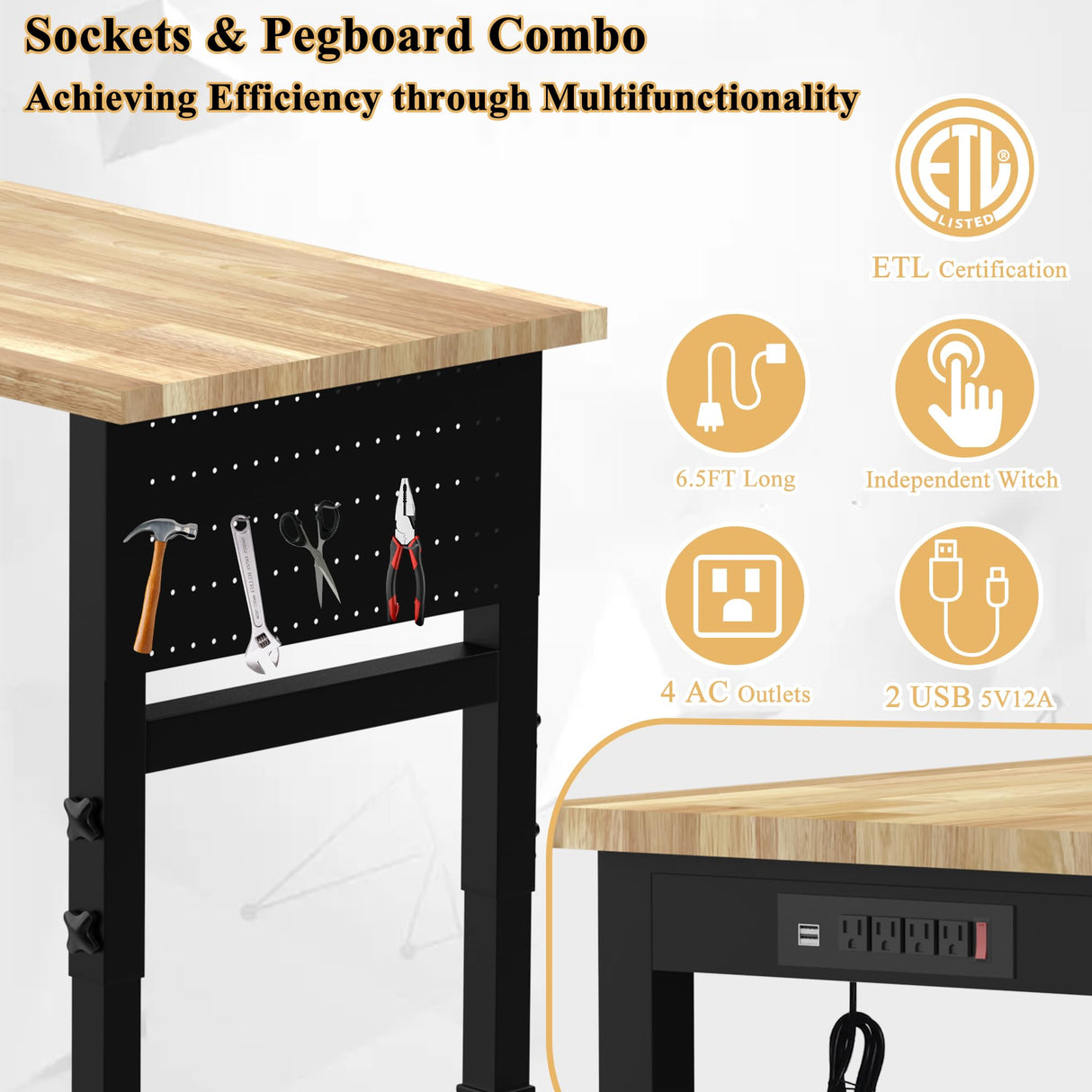 MISHAO 48" Adjustable Workbench on Wheels, Rubber Wood Heavy-Duty Worktable w/Power Outlet & Pegboard, 2000 LBS Load Capacity Hardwood Workstation for Garage, Workshop, Office, Home MISHAO
