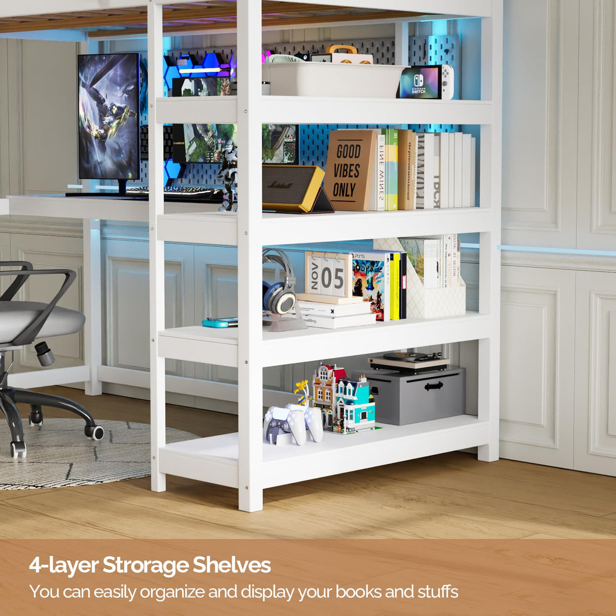 Bunk Bed with Desk and 4-Layer Shelves, Loft Bed Twin Size with Under Desk and Bookcase Storage, Twin Bed Frame for Kids, Adults& Young Teens, White JOYMOR