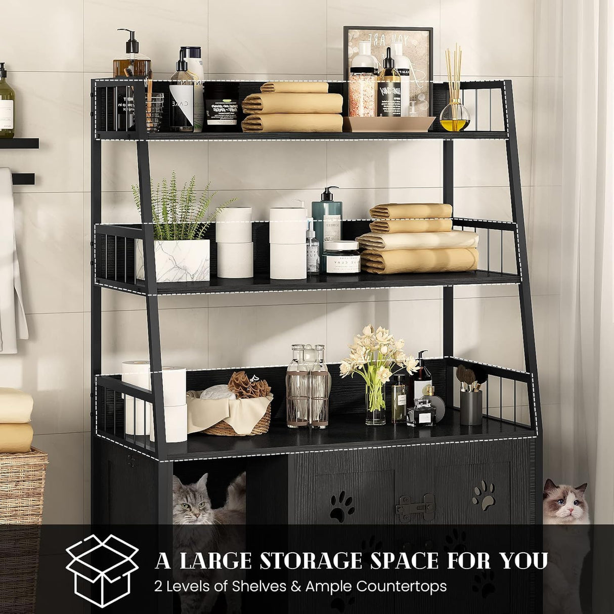 Recaceik Cat Litter Box Enclosure with Shelf Storage, Hidden Cat Washroom Furniture, Large Wood Cat Litter Box Furniture Hidden with Storage and Scratch, Fit Most of Litter Box, Black Recaceik