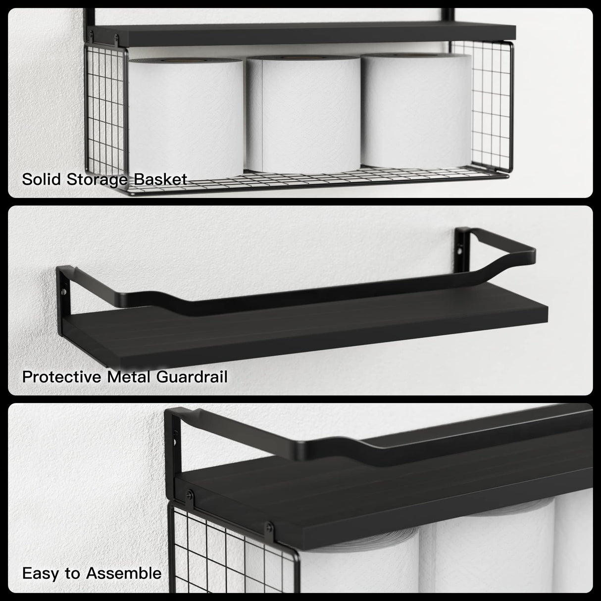WOPITUES Floating Shelves with Wire Storage Basket, Bathroom Shelves Over Toilet with Protective Metal Guardrail, Wood Wall Shelves for Bathroom, Bedroom, Living Room, Toilet Paper-Black WOPITUES