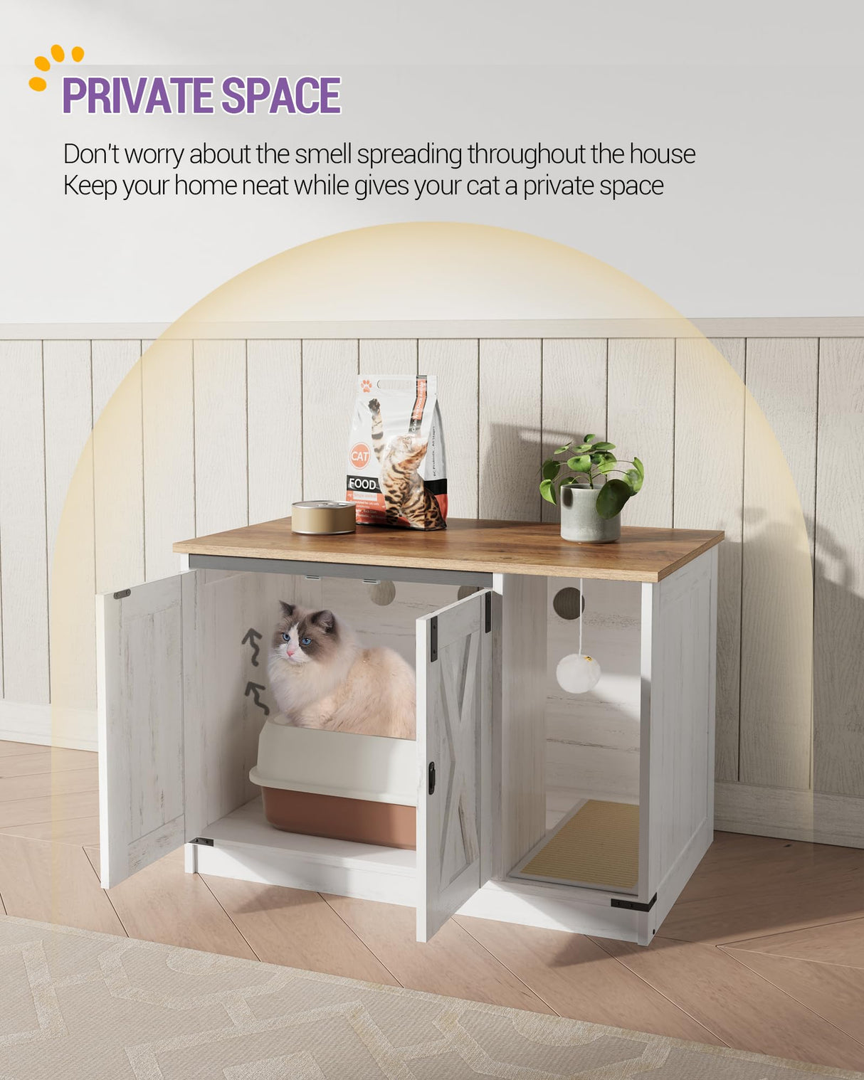 Hzuaneri Cat Litter Box Enclosure, Hidden Litter Box Furniture with Cat Bell, Indoor Cat House, Farmhouse Style, 31.5 x 20.9 x 19.7Inches, for Hallway, Bedroom, Rustic White and Brown CB82414X Hzuaneri